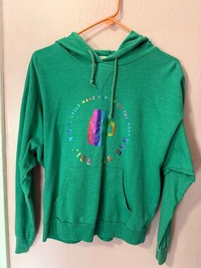 Vintage Green Hoodie with Rainbow Mug Graphic Women’s Medium